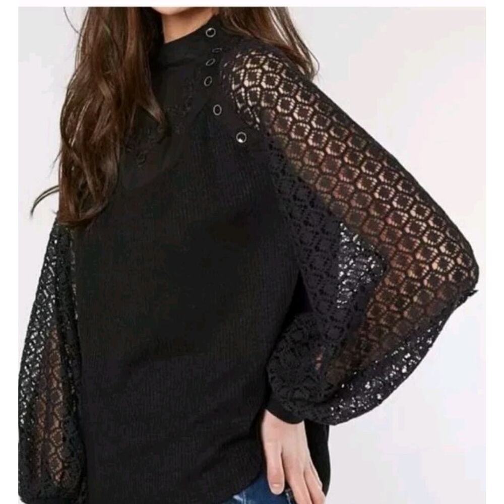 Free People Sweetest Thing‎ Lace Thermal Blouse Women XS Black Balloon Sleeve